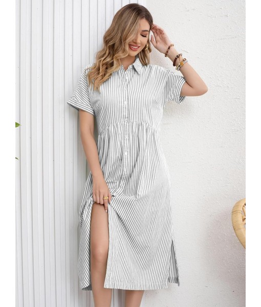 ebossy Women's Boho Striped Shirt Dress Button Up Side Slit Loose Mid Long Cotton Dress with Pockets