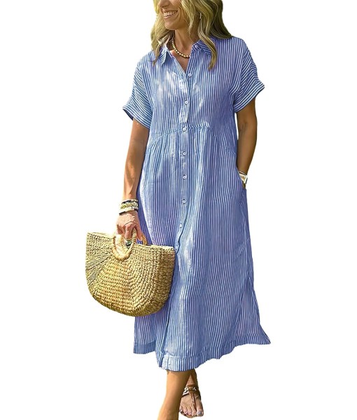 ebossy Women's Boho Striped Shirt Dress Button Up Side Slit Loose Mid Long Cotton Dress with Pockets