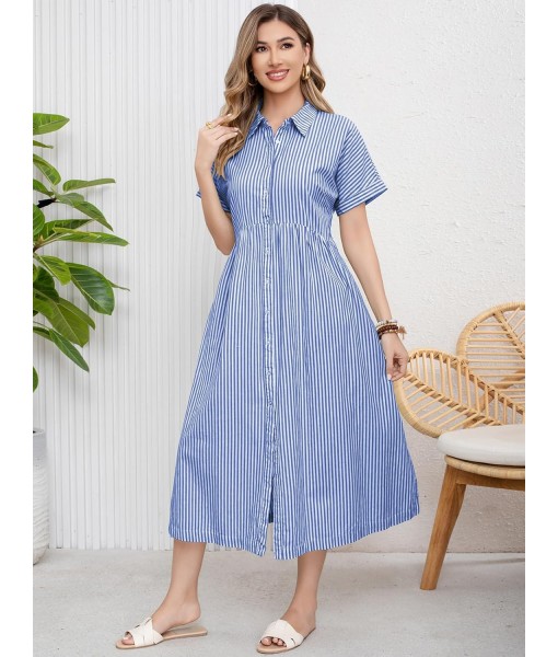 ebossy Women's Boho Striped Shirt Dress Button Up Side Slit Loose Mid Long Cotton Dress with Pockets
