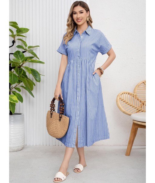 ebossy Women's Boho Striped Shirt Dress Button Up Side Slit Loose Mid Long Cotton Dress with Pockets