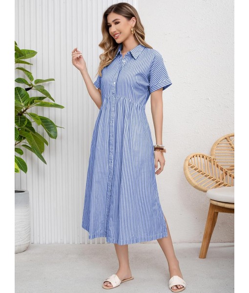 ebossy Women's Boho Striped Shirt Dress Button Up Side Slit Loose Mid Long Cotton Dress with Pockets