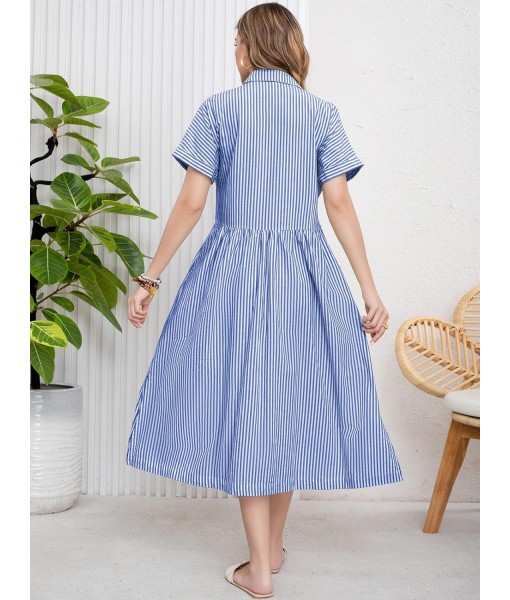 ebossy Women's Boho Striped Shirt Dress Button Up Side Slit Loose Mid Long Cotton Dress with Pockets