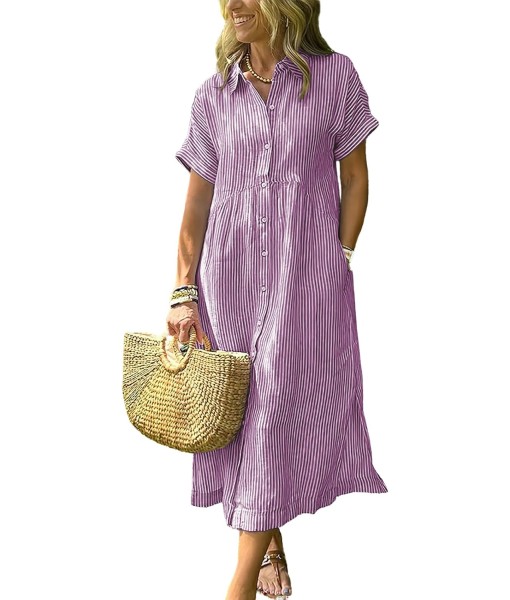 ebossy Women's Boho Striped Shirt Dress Button Up Side Slit Loose Mid Long Cotton Dress with Pockets