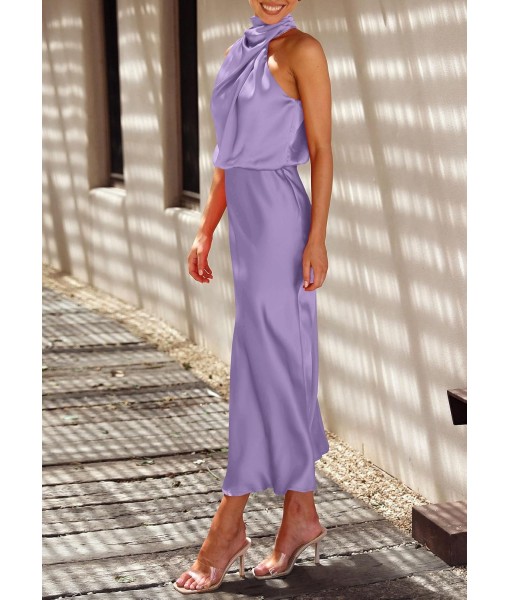 PRETTYGARDEN Women's 2025 Summer Satin Dress Elegant Sleeveless Mock Neck Cocktail Party Maxi Dresses