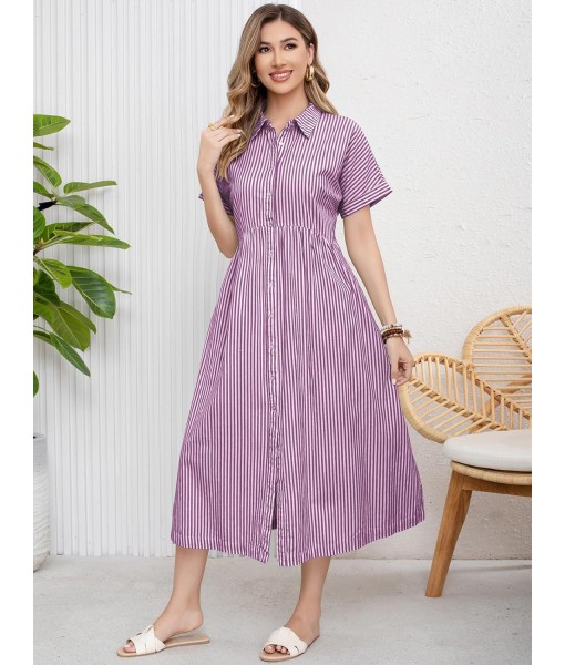 ebossy Women's Boho Striped Shirt Dress Button Up Side Slit Loose Mid Long Cotton Dress with Pockets