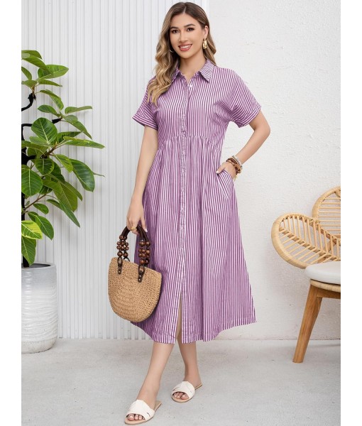 ebossy Women's Boho Striped Shirt Dress Button Up Side Slit Loose Mid Long Cotton Dress with Pockets