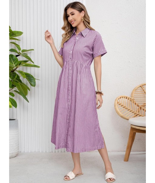 ebossy Women's Boho Striped Shirt Dress Button Up Side Slit Loose Mid Long Cotton Dress with Pockets