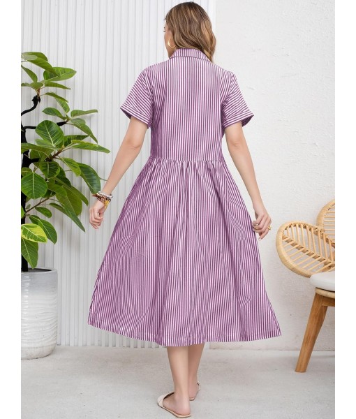 ebossy Women's Boho Striped Shirt Dress Button Up Side Slit Loose Mid Long Cotton Dress with Pockets
