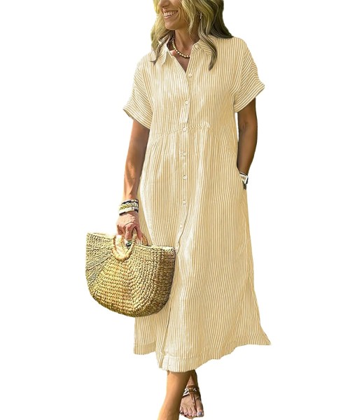 ebossy Women's Boho Striped Shirt Dress Button Up Side Slit Loose Mid Long Cotton Dress with Pockets