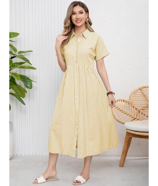 ebossy Women's Boho Striped Shirt Dress Button Up Side Slit Loose Mid Long Cotton Dress with Pockets