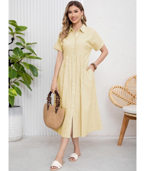 ebossy Women's Boho Striped Shirt Dress Button Up Side Slit Loose Mid Long Cotton Dress with Pockets