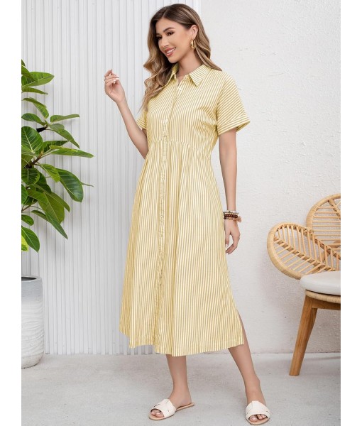ebossy Women's Boho Striped Shirt Dress Button Up Side Slit Loose Mid Long Cotton Dress with Pockets