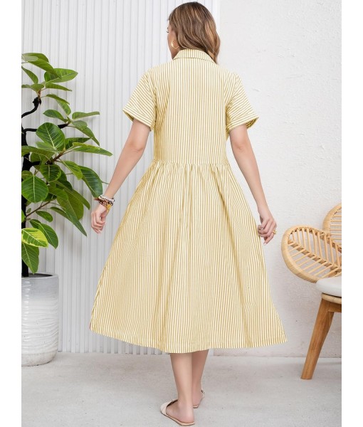 ebossy Women's Boho Striped Shirt Dress Button Up Side Slit Loose Mid Long Cotton Dress with Pockets