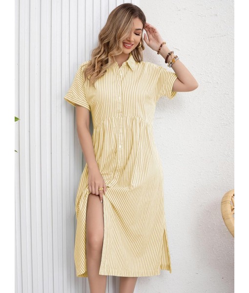 ebossy Women's Boho Striped Shirt Dress Button Up Side Slit Loose Mid Long Cotton Dress with Pockets