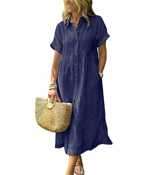 ebossy Women's Boho Striped Shirt Dress Button Up Side Slit Loose Mid Long Cotton Dress with Pockets