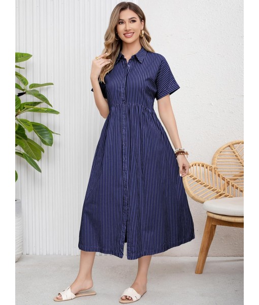 ebossy Women's Boho Striped Shirt Dress Button Up Side Slit Loose Mid Long Cotton Dress with Pockets