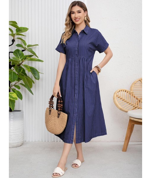 ebossy Women's Boho Striped Shirt Dress Button Up Side Slit Loose Mid Long Cotton Dress with Pockets