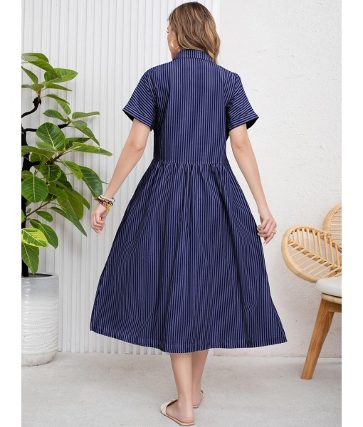 ebossy Women's Boho Striped Shirt Dress Button Up Side Slit Loose Mid Long Cotton Dress with Pockets