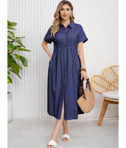 ebossy Women's Boho Striped Shirt Dress Button Up Side Slit Loose Mid Long Cotton Dress with Pockets