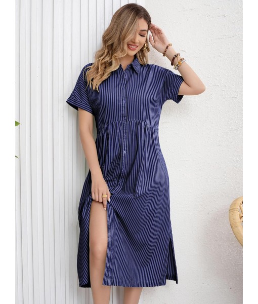 ebossy Women's Boho Striped Shirt Dress Button Up Side Slit Loose Mid Long Cotton Dress with Pockets