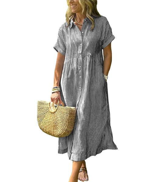 ebossy Women's Boho Striped Shirt Dress Button Up Side Slit Loose Mid Long Cotton Dress with Pockets