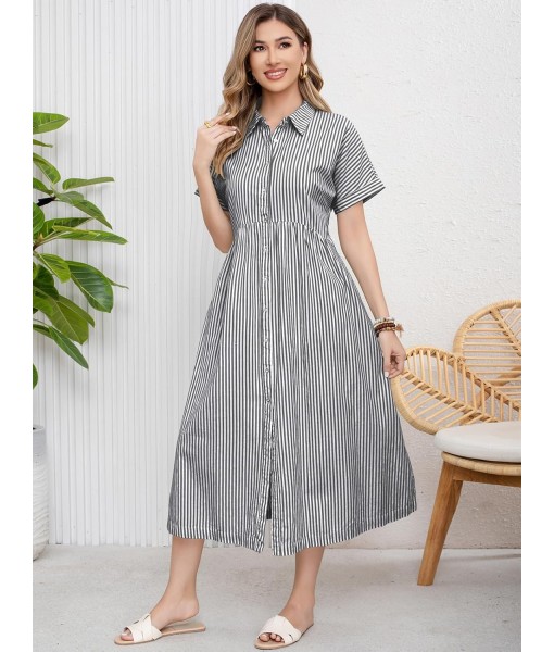ebossy Women's Boho Striped Shirt Dress Button Up Side Slit Loose Mid Long Cotton Dress with Pockets