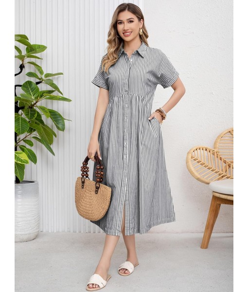 ebossy Women's Boho Striped Shirt Dress Button Up Side Slit Loose Mid Long Cotton Dress with Pockets