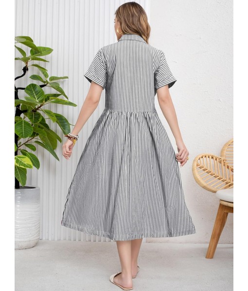 ebossy Women's Boho Striped Shirt Dress Button Up Side Slit Loose Mid Long Cotton Dress with Pockets