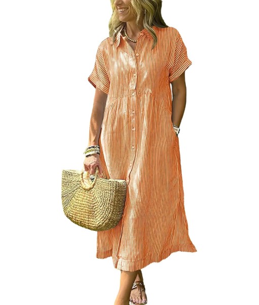 ebossy Women's Boho Striped Shirt Dress Button Up Side Slit Loose Mid Long Cotton Dress with Pockets