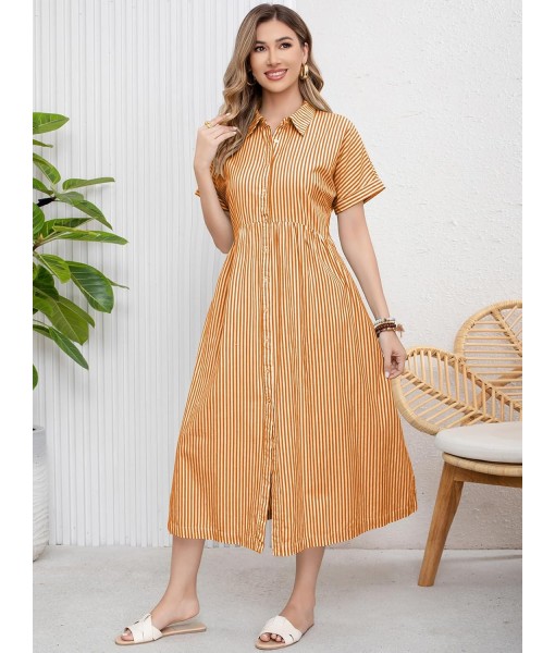 ebossy Women's Boho Striped Shirt Dress Button Up Side Slit Loose Mid Long Cotton Dress with Pockets