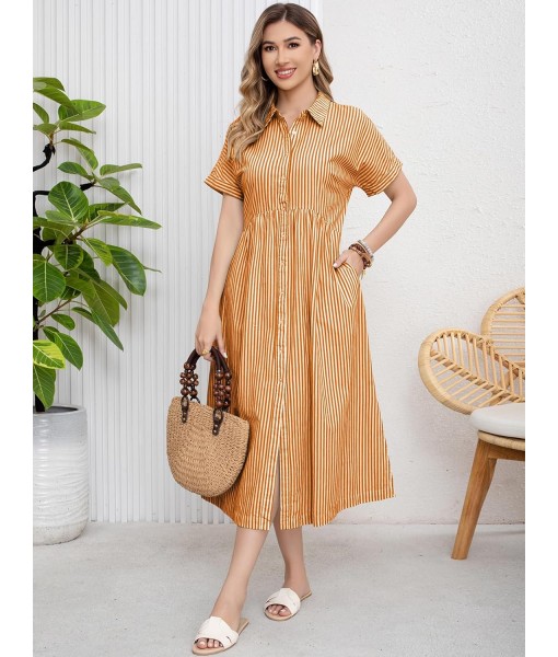 ebossy Women's Boho Striped Shirt Dress Button Up Side Slit Loose Mid Long Cotton Dress with Pockets