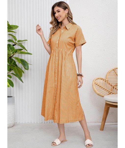 ebossy Women's Boho Striped Shirt Dress Button Up Side Slit Loose Mid Long Cotton Dress with Pockets