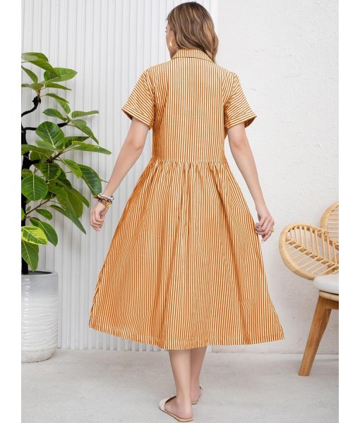 ebossy Women's Boho Striped Shirt Dress Button Up Side Slit Loose Mid Long Cotton Dress with Pockets
