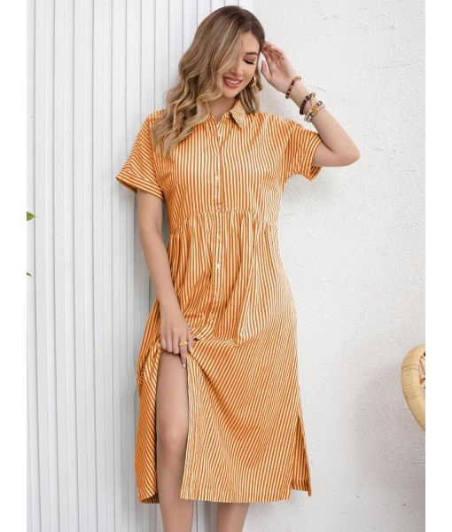 ebossy Women's Boho Striped Shirt Dress Button Up Side Slit Loose Mid Long Cotton Dress with Pockets