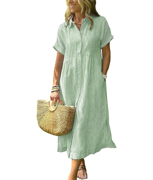 ebossy Women's Boho Striped Shirt Dress Button Up Side Slit Loose Mid Long Cotton Dress with Pockets