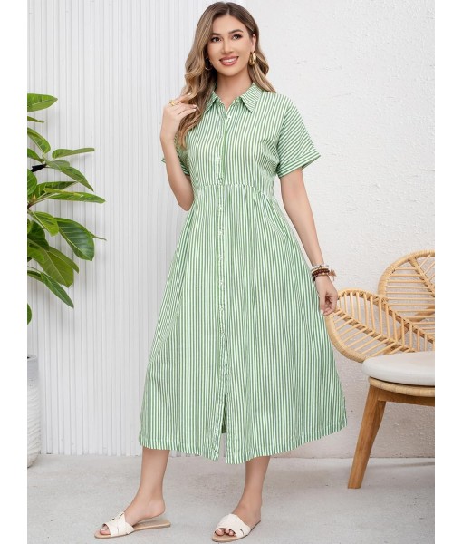 ebossy Women's Boho Striped Shirt Dress Button Up Side Slit Loose Mid Long Cotton Dress with Pockets