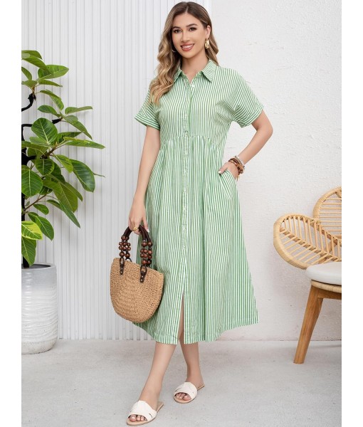 ebossy Women's Boho Striped Shirt Dress Button Up Side Slit Loose Mid Long Cotton Dress with Pockets
