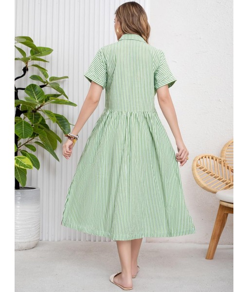 ebossy Women's Boho Striped Shirt Dress Button Up Side Slit Loose Mid Long Cotton Dress with Pockets