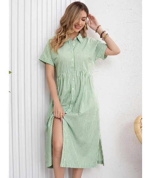 ebossy Women's Boho Striped Shirt Dress Button Up Side Slit Loose Mid Long Cotton Dress with Pockets