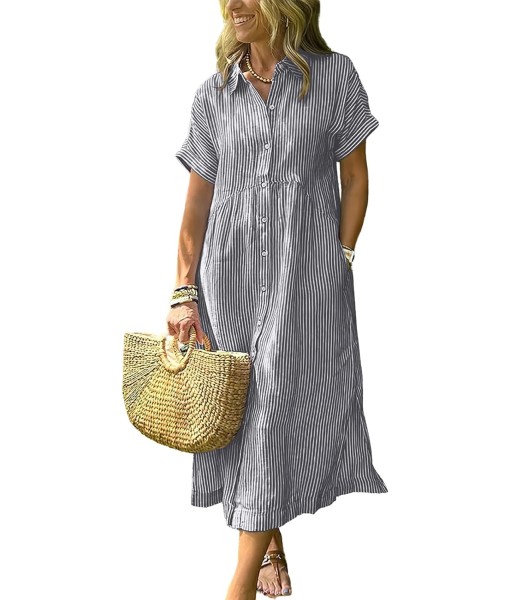 ebossy Women's Boho Striped Shirt Dress Button Up Side Slit Loose Mid Long Cotton Dress with Pockets