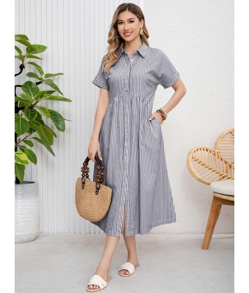 ebossy Women's Boho Striped Shirt Dress Button Up Side Slit Loose Mid Long Cotton Dress with Pockets