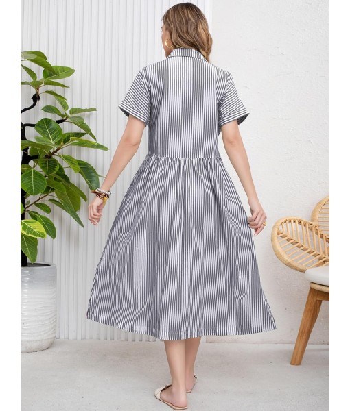 ebossy Women's Boho Striped Shirt Dress Button Up Side Slit Loose Mid Long Cotton Dress with Pockets