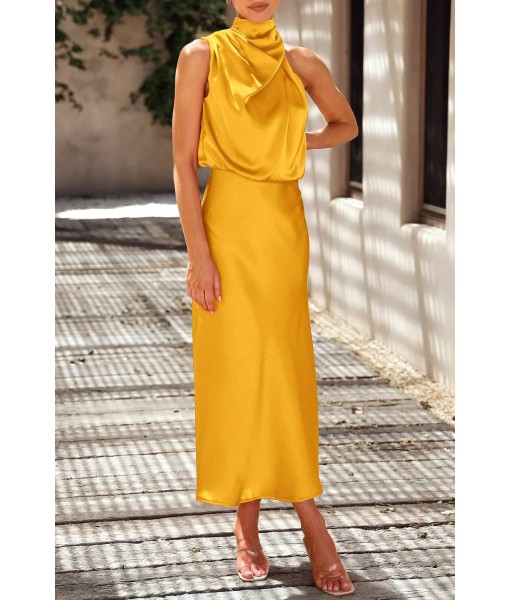 PRETTYGARDEN Women's 2025 Summer Satin Dress Elegant Sleeveless Mock Neck Cocktail Party Maxi Dresses