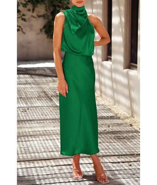 PRETTYGARDEN Women's 2025 Summer Satin Dress Elegant Sleeveless Mock Neck Cocktail Party Maxi Dresses