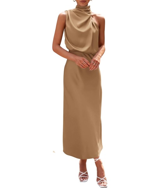 PRETTYGARDEN Women's 2025 Summer Satin Dress Elegant Sleeveless Mock Neck Cocktail Party Maxi Dresses