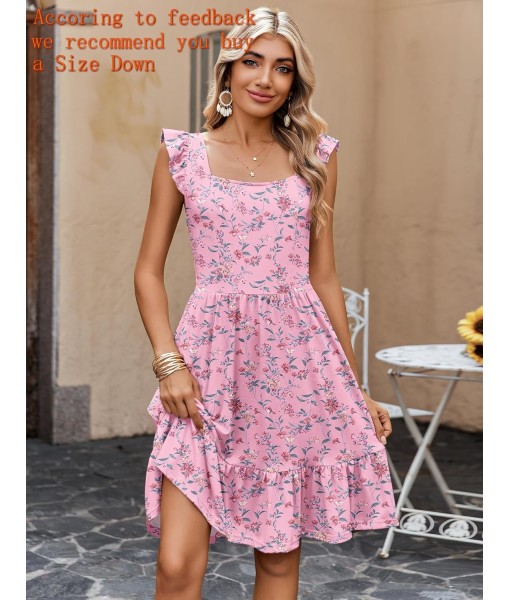 Zeagoo Womens Summer Dress Casual Ruffle Tiered Floral Square Neck Sundresses Beach Boho Mini A-line Dress 2025 with Pockets