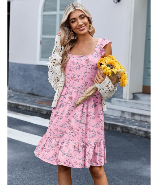 Zeagoo Womens Summer Dress Casual Ruffle Tiered Floral Square Neck Sundresses Beach Boho Mini A-line Dress 2025 with Pockets