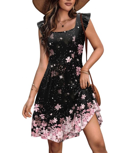 Zeagoo Womens Summer Dress Casual Ruffle Tiered Floral Square Neck Sundresses Beach Boho Mini A-line Dress 2025 with Pockets