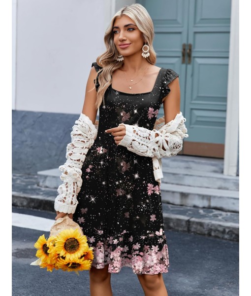Zeagoo Womens Summer Dress Casual Ruffle Tiered Floral Square Neck Sundresses Beach Boho Mini A-line Dress 2025 with Pockets