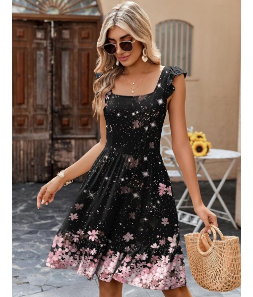 Zeagoo Womens Summer Dress Casual Ruffle Tiered Floral Square Neck Sundresses Beach Boho Mini A-line Dress 2025 with Pockets